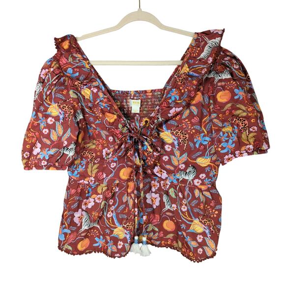 Maeve Tops - Maeve Anthropologie Top Womens XL Brown Floral Animal Print Tie Front Smocking